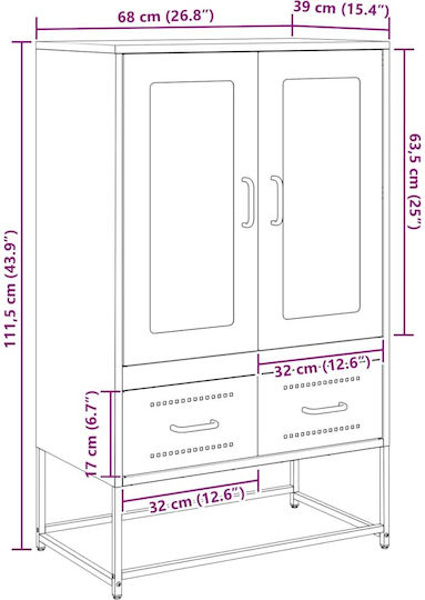Vitrină de Sufragerie din Metal Negru cu Geam 68x39x111.5cm