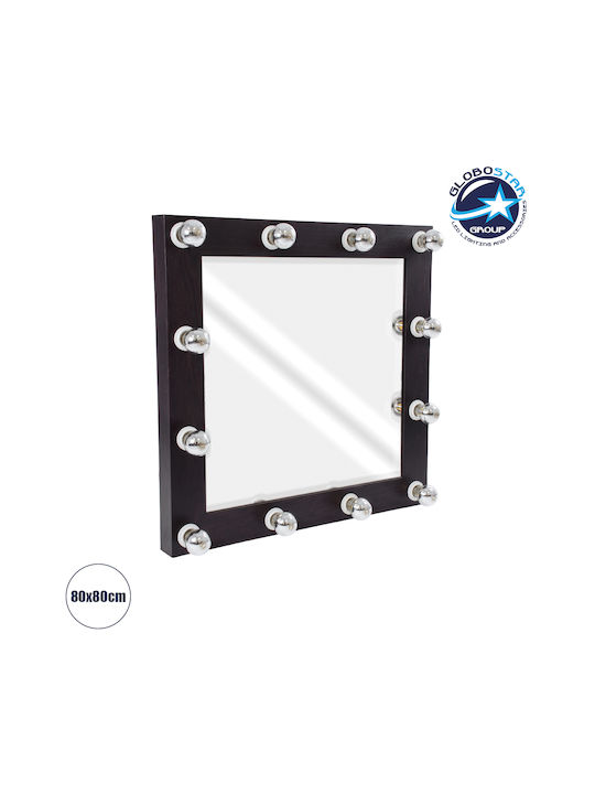 GloboStar Като Огледало за Стена с Черен Дърво Рамка & LED Осветление 80x80см 1бр