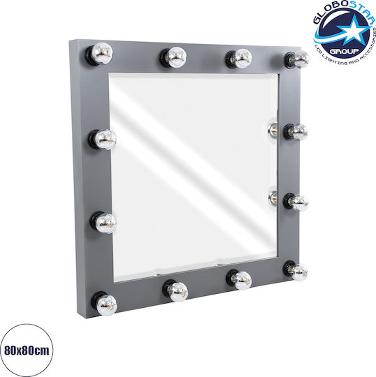 GloboStar Καθρέπτης Τοίχου με Γκρι Ξύλινο Πλαίσιο & LED Φωτισμό 80x80cm