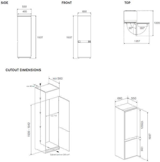 Bertazzoni Built-in Fridge-Freezer 341lt NoFrost H193.7xW69xD55cm White REF70 4BBN PTC