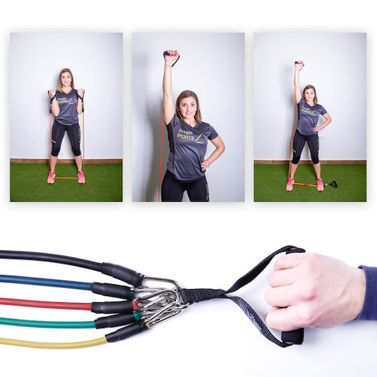 Set Benzi de Rezistență din Tub Elastic Ryher Sports Rezistență Combinată Maximă 45 Kg 11 Piese 5x126 cm Latex Multicolor Include Săculeț de Transport + Manual de Exerciții Stretching