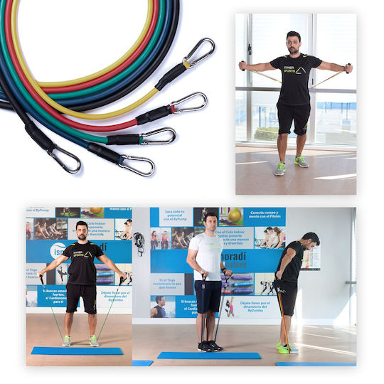 Set Benzi de Rezistență din Tub Elastic Ryher Sports Rezistență Combinată Maximă 45 Kg 11 Piese 5x126 cm Latex Multicolor Include Săculeț de Transport + Manual de Exerciții Stretching