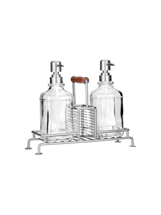 Estia Estia Дозатор за течен сапун за съдове Allure 2x300ml с метална основа и държач за гъба Сребрист