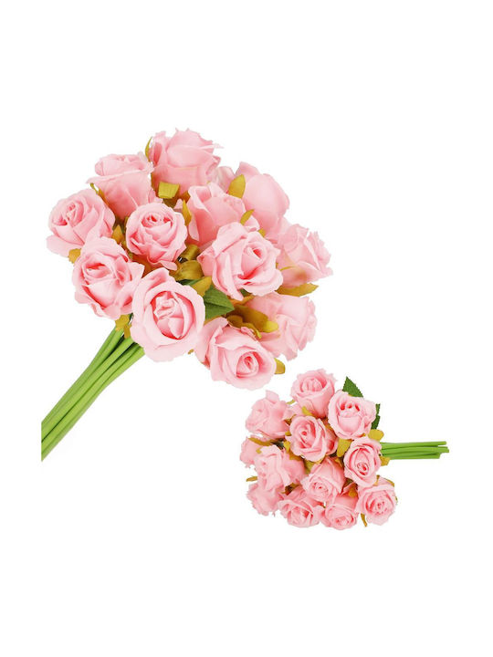 Artificial Flower Bouquet Made Polyester 12 Stems Roses 26cm Pink