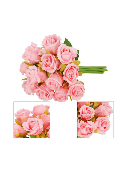 Artificial Flower Bouquet Made Polyester 12 Stems Roses 26cm Pink