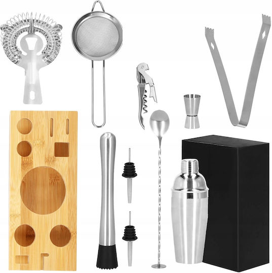 Set Cocktail Shaker pentru Barmani 750ml Ki10 Suport din Bambus 12 Piese