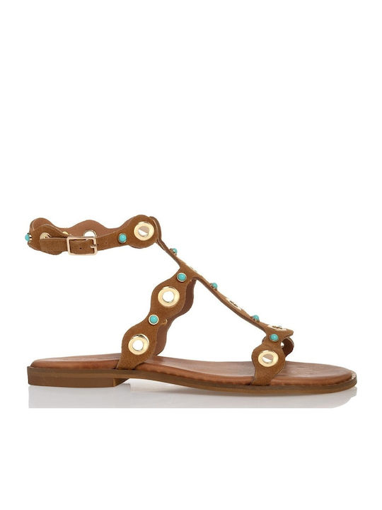 Leather Women's Flat Sandals in Tabac Brown Color