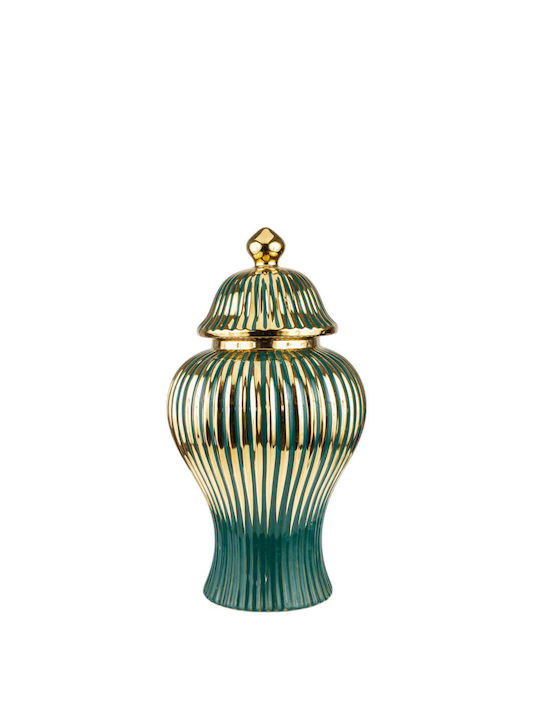 Vază ceramică cu capac, dungi verzi și aurii, 15.5x29.5cm