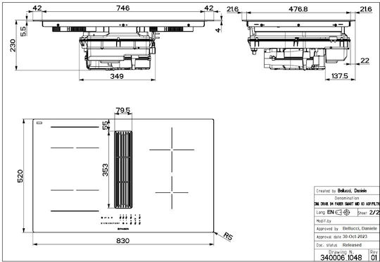 Faber Galileo Linear A830 Plită cu Inducție Autonom cu Hota & Funcție de Blocare 83x52εκ.
