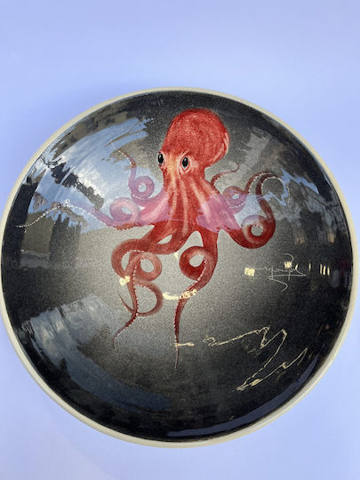 Round Ceramic Decorative Platter Octopus Handmade Black 37x37cm