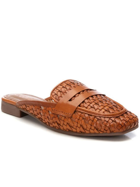 Flat Leather Mules in Tabac Brown Color