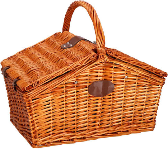 Coș de picnic deluxe pentru 4 persoane, din răchită, cu veselă, tacâmuri și izolație termică, maro