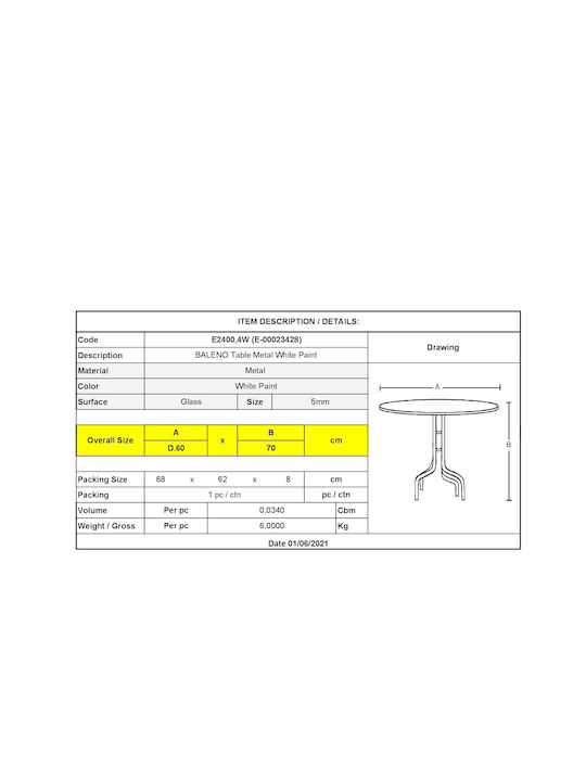 Baleno Outdoor Dinner Free Standing Table with Glass Surface and Metal Frame White 60x60x70cm