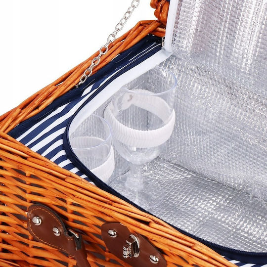 Coș de picnic deluxe pentru 2 persoane, din răchită, cu veselă, tacâmuri și compartiment frigorific
