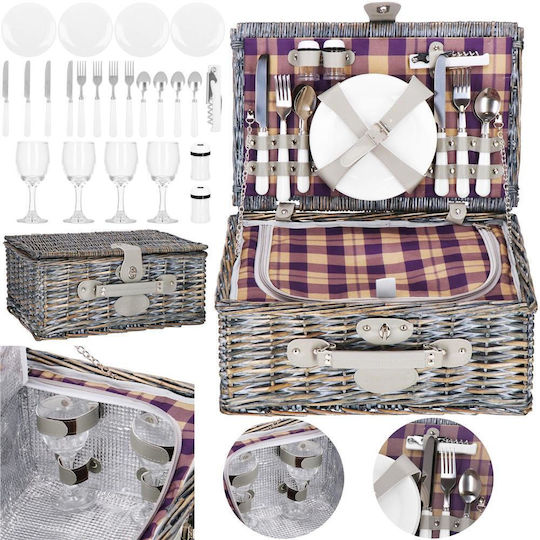 Coș de picnic deluxe pentru 4 persoane, din răchită, cu veselă, tacâmuri și izolație termică, gri