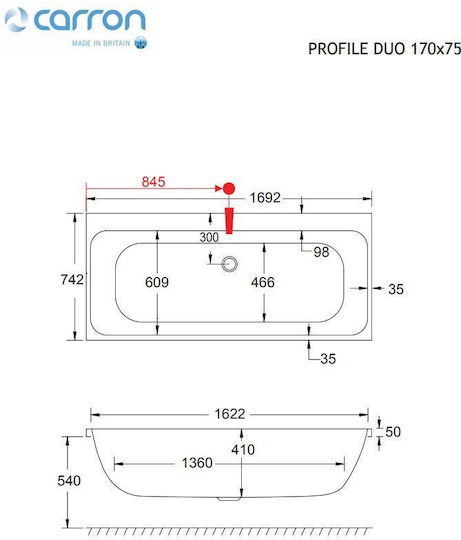 Carron Bathrooms Profile Duo Μπανιέρα Ακρυλική 170x75cm