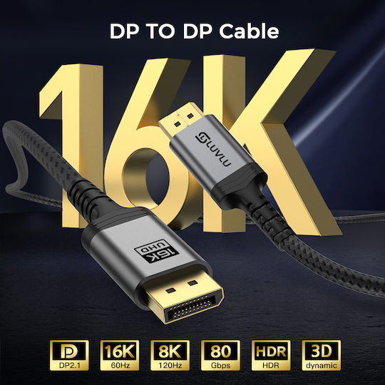 Cablu Luvlu DisplayPort 2.1 DP la DP 16K@60Hz 8K@120Hz 4K@240Hz Viteză până la 80Gbps DSC 1.2a HDR Dinamic 3D HDCP Dublu Împletit, Conectori Placati cu Aur, Lungime 2m