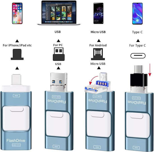 256 Gb 4 In 1 Usb Memory Flash Drive Android Ios Usb C Micro Usb Apple Lightning Otg Function Iphone Ipad Smartphone Tablet Pc Laptop Blue