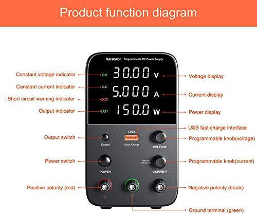 Surse de Alimentare Pentru Laborator 0-30 V 0-5 A 150 W Ecran Led Ventilator de Răcire Protecție La Supra-Încărcare Ocp 15w Port Usb Stabilizare Tensiune Curent Cv Cc