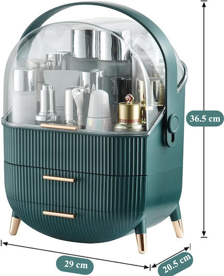 Organizator portabil pentru cosmetice, bijuterii, produse de machiaj Tecos, spațiu de depozitare, 2 sertare, cutie de expunere multifuncțională, ideal pentru activități profesionale, călătorii, verde
