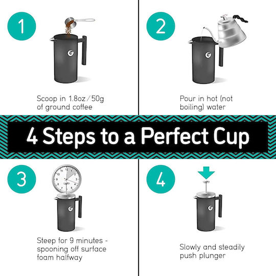 Cafetiere French Press 8 Cesti Double Wall Cafetiere 1 Litru Capacitate Container de Depozitare a Cafelei din Oțel Inoxidabil Argintiu