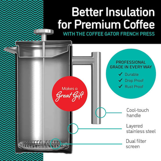Cafetiere French Press 8 Cesti Double Wall Cafetiere 1 Litru Capacitate Container de Depozitare a Cafelei din Oțel Inoxidabil Argintiu