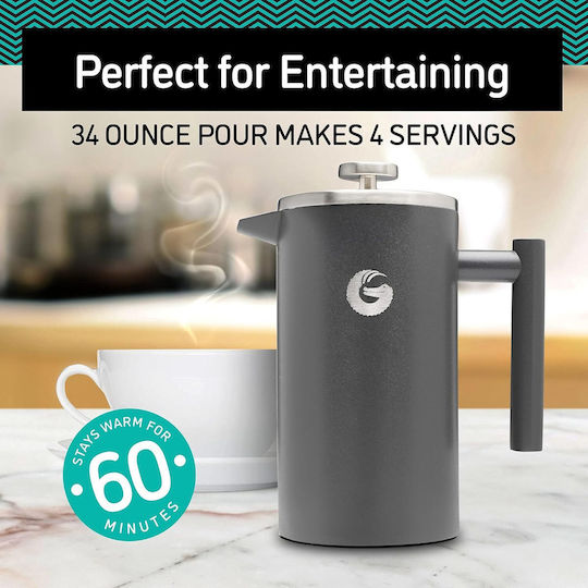 Cafetiere French Press 8 Cesti Double Wall Cafetiere 1 Litru Capacitate Container pentru Cafea din Oțel Inoxidabil Gri