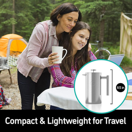 Cafetiere French Press 8 Cesti Double Wall Cafetiere 1 Litru Capacitate Container pentru Cafea din Oțel Inoxidabil Gri