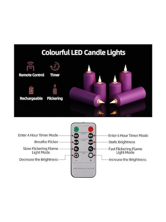 Set 6 Lumânări LED Reîncărcabile Cu Telecomandă Efect Flacără Temporizator Reglabil Luminozitate 5 Niveluri Halloween Crăciun Nuntă Petrecere Violet
