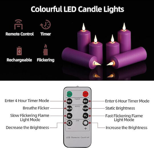 Set 6 Lumânări LED Reîncărcabile Cu Telecomandă Efect Flacără Temporizator Reglabil Luminozitate 5 Niveluri Halloween Crăciun Nuntă Petrecere Violet