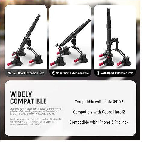 Suport Auto 2 În 1 Pentru Cameră Telefon 360° Rotativ Trei Ventuze Extensibil Tija Telescopică Utilizat Pentru Călătorii În Aer Liber Suport Rapid Pentru Cameră Compatibil GoPro Insta360 DJI Osmo Action