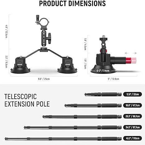 Suport Auto 2 În 1 Pentru Cameră Telefon 360° Rotativ Trei Ventuze Extensibil Tija Telescopică Utilizat Pentru Călătorii În Aer Liber Suport Rapid Pentru Cameră Compatibil GoPro Insta360 DJI Osmo Action