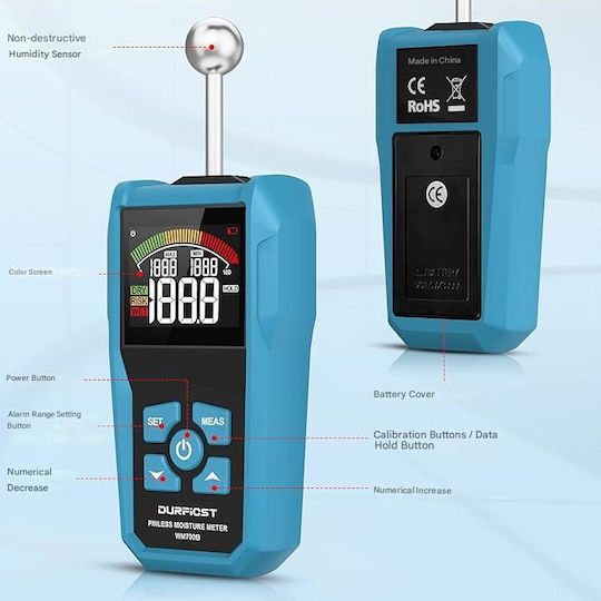 Instrumente de Măsurare Diverse Digital Moisture Meter Detector de Umiditate Color LCD Alarm Acustic Măsurare Preciză Răspuns Rapid Penetrație 40 Mm Rezoluție 0.1% Sferic Sondă Perete Zidărie Lemn Tencuială