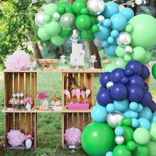 Set De Arc De Baloane Decor pentru Petreceri În Verde Albastru Argintiu Diverse Mărimi 108 Bucăți Bandă pentru Baloane Puncte Adezive