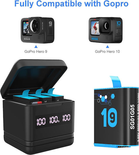 Set 3 Baterii Gopro Hero 10 Hero 9 3 Baterii Reîncărcabile 2000 Mah Stație de Încărcare 3 Canale Indicator Led Usb Usb C Compatibil Gopro Hero Black 10 9 Black