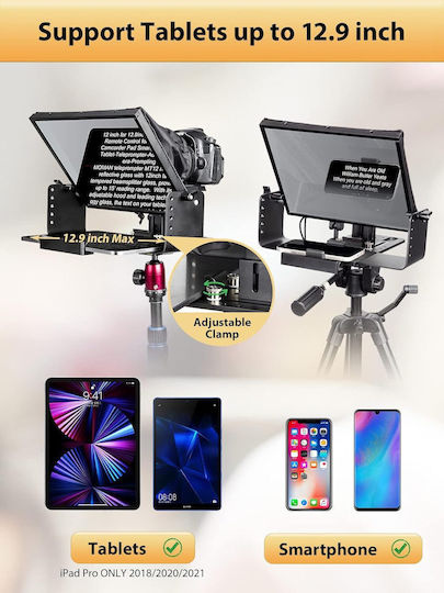 Kit Teleprompter de 12 Inch pentru Camere DSLR Control de la Distanță Compatibil cu Smartphone-uri și Tablete Până la 12.9 Inch Geantă de Metal pentru Depozitare și Transport Moman Mt12