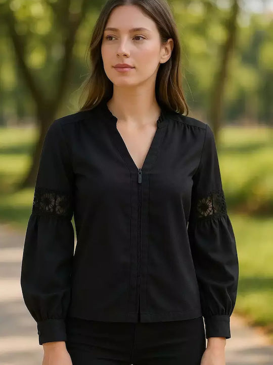Women's Blouse Cotton Long Sleeve with Zipper Green