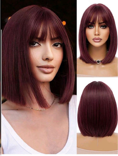 Wig with Synthetic Hair in Dark Red Color 30cm