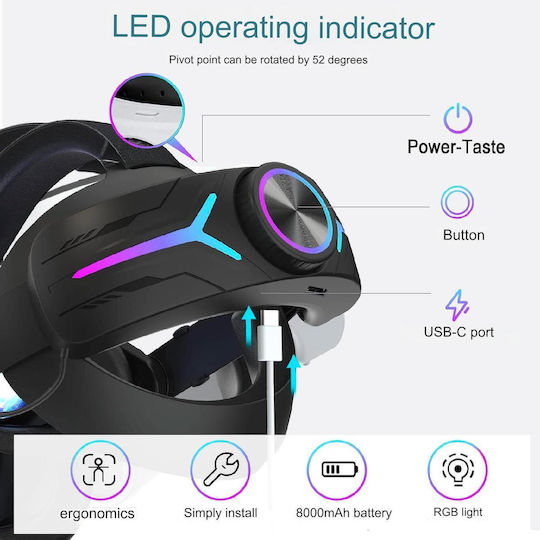 Bandă Cap Meta Quest 3 Baterie 8000 Mah Lumini Rgb Led Reglabil Încărcare Rapidă Prin Usb-c Plug Play Negru