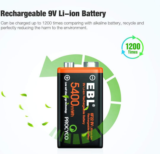 Set 4 Презареждащи се 9V Батерии Чрез Usb 5400 Mwh Бързо Зареждане 4 В 1 Кабел за Зареждане