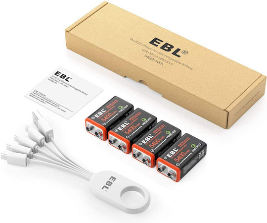 Set 4 Презареждащи се 9V Батерии Чрез Usb 5400 Mwh Бързо Зареждане 4 В 1 Кабел за Зареждане