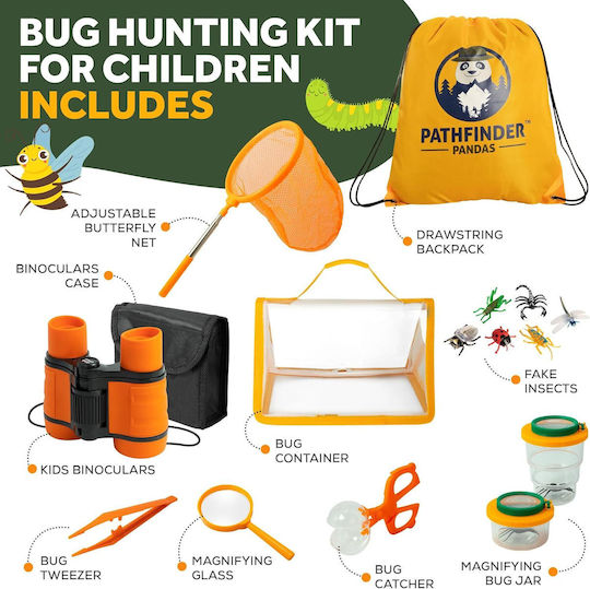 Naturerkundungs-Forschungsset Abenteurer Entdecker-Kit Ferngläser Lupe Schmetterlingsnetz Verlängerbarer Griff Behälter Kinder Pfadfinder Pandas