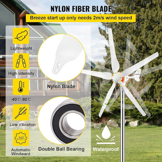 Kit Turbină Eoliană 500 W/12 V/29a Controller Mppt 5 Palete 900 Rpm Rotire 360° Generator Vevor Rv Barcă Casă Albă