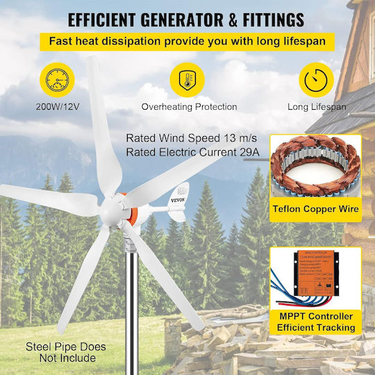 Kit Turbină Eoliană 500 W/12 V/29a Controller Mppt 5 Palete 900 Rpm Rotire 360° Generator Vevor Rv Barcă Casă Albă