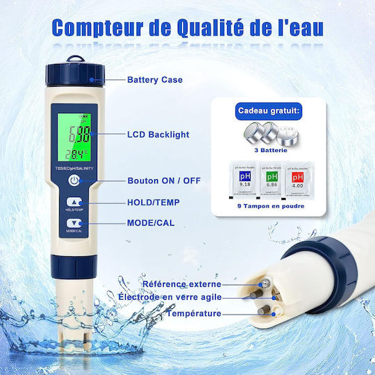 5 In 1 Ph Meter Set Tds Ec Water Quality Measurement Ph Salinity Conductivity Temperature Automatic Calibration Function Lcd Screen Hold Function