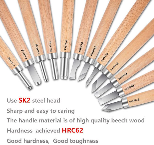 Set 12 Carving Chisels Wood Wax Plastic Sk2 Steel Blade Wooden Handle