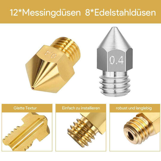 Set Duză Pentru Imprimante 3D 20 Bucăți 12 Duză Cupru 8 Duză Oțel Inoxidabil Mk8 0.2 Mm 0.4 Mm 0.6 Mm 0.8 Mm 1.0 Mm Unelte De Curățare Anycubic Mega Creality Cr-10 Ender