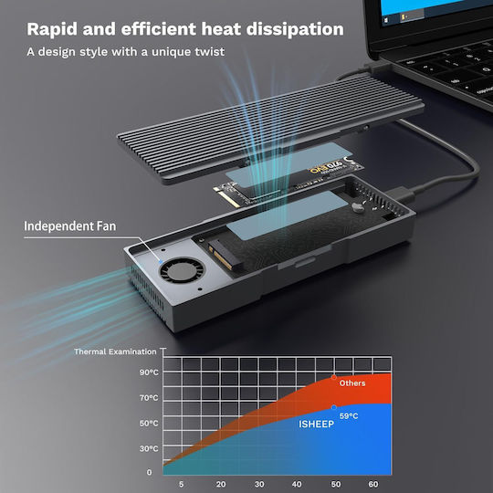 Carcasă Externă pentru Unități de Stocare M.2 NVME cu Ventilator Integrat 40 Gbps USB-C Thunderbolt 3/4 Aluminiu 2280 M-key B+m Key SSD-uri