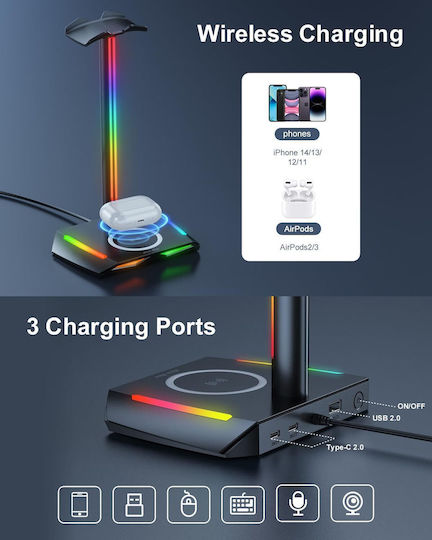 Suport pentru căști Rgb Gaming Wireless Charger 2 Usb-c Usb 2.0 Ports 11 Mode Iluminare Non-slip New Bee Negru