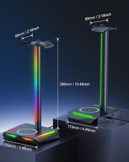 Suport pentru căști Rgb Gaming Wireless Charger 2 Usb-c Usb 2.0 Ports 11 Mode Iluminare Non-slip New Bee Negru